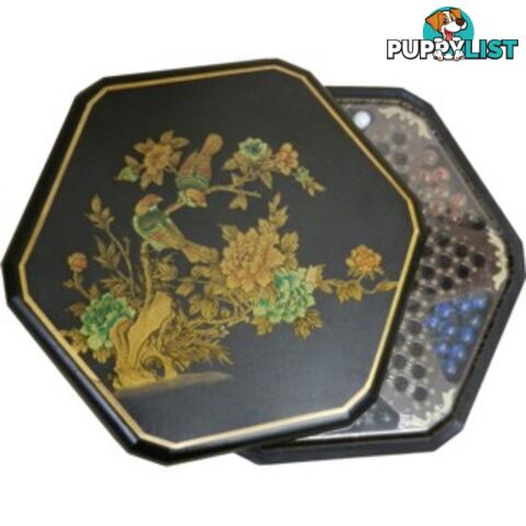 Chinese Checkers Set in Black Painted Flower and Bird Box