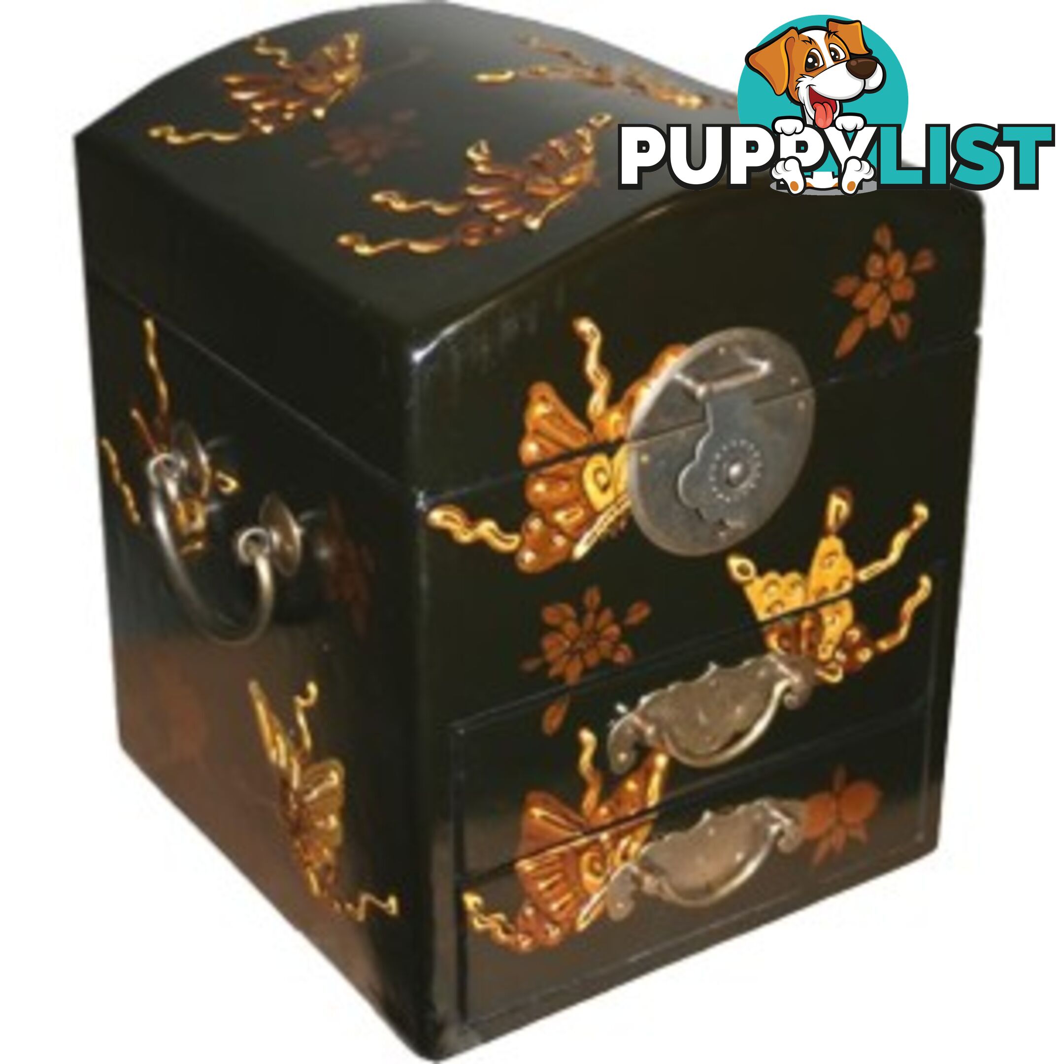 Dome Top Black Two Drawers Mirror Box - Embossed Butterflies