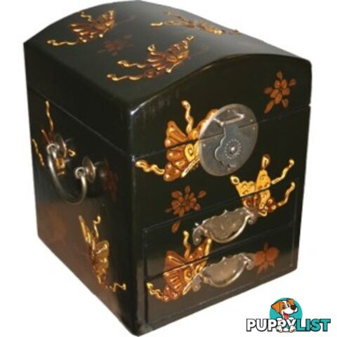 Dome Top Black Two Drawers Mirror Box - Embossed Butterflies