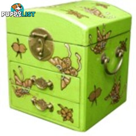 Curve Top Green Two Drawers Mirror Box - Embossed Butterflies