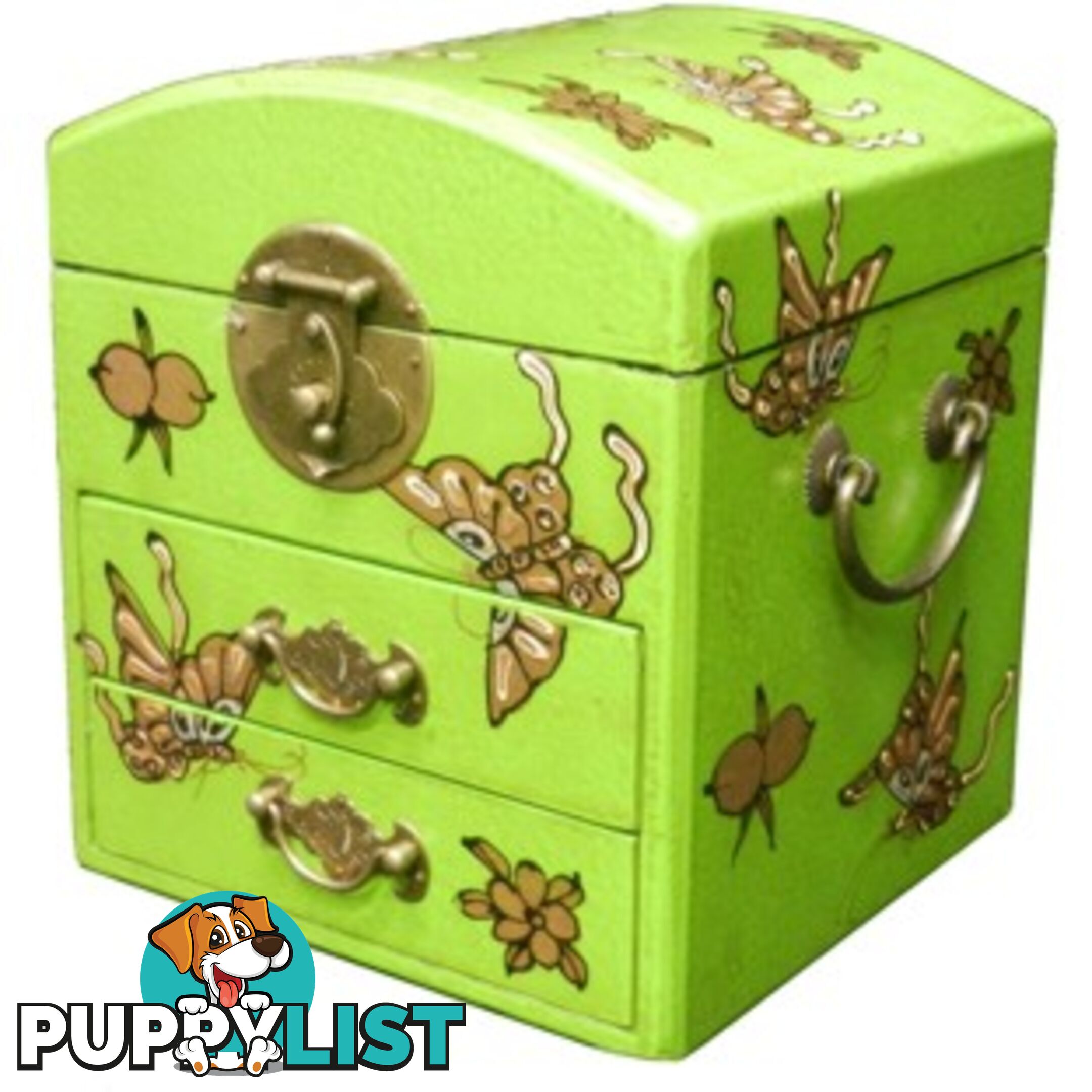 Curve Top Green Two Drawers Mirror Box - Embossed Butterflies