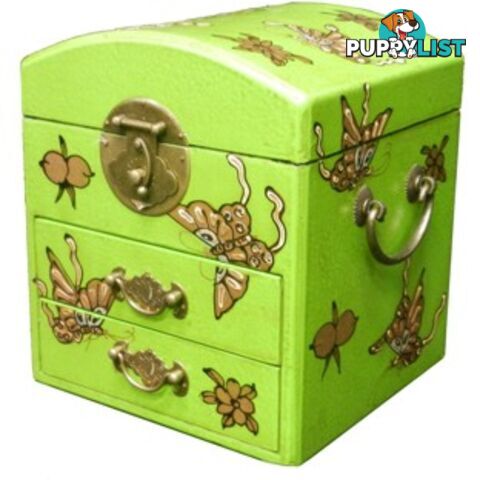 Curve Top Green Two Drawers Mirror Box - Embossed Butterflies