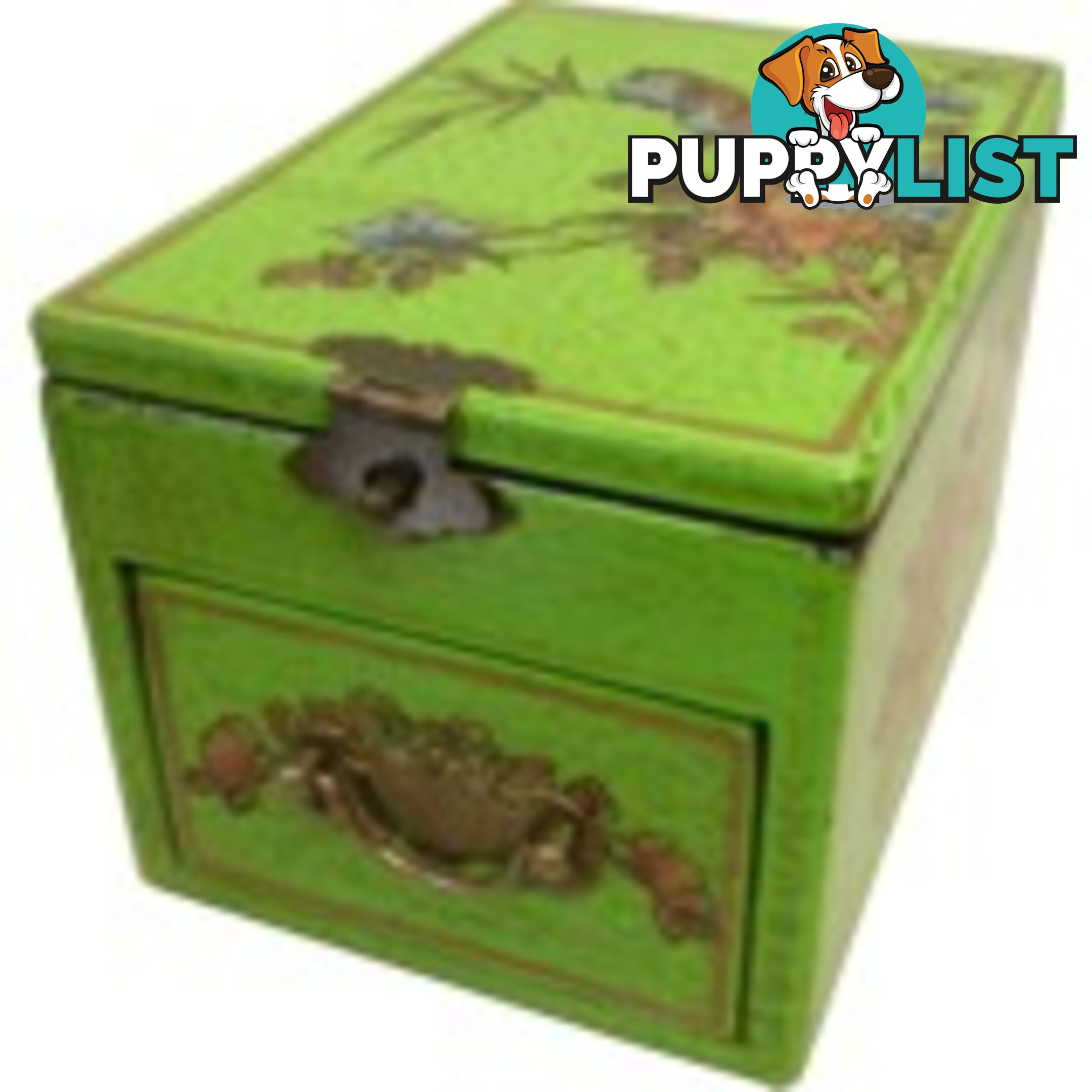 Green Chinese Jewellery Box with Stand-Up Mirror - Bird and Flower