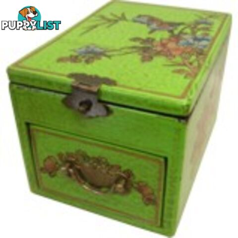 Green Chinese Jewellery Box with Stand-Up Mirror - Bird and Flower