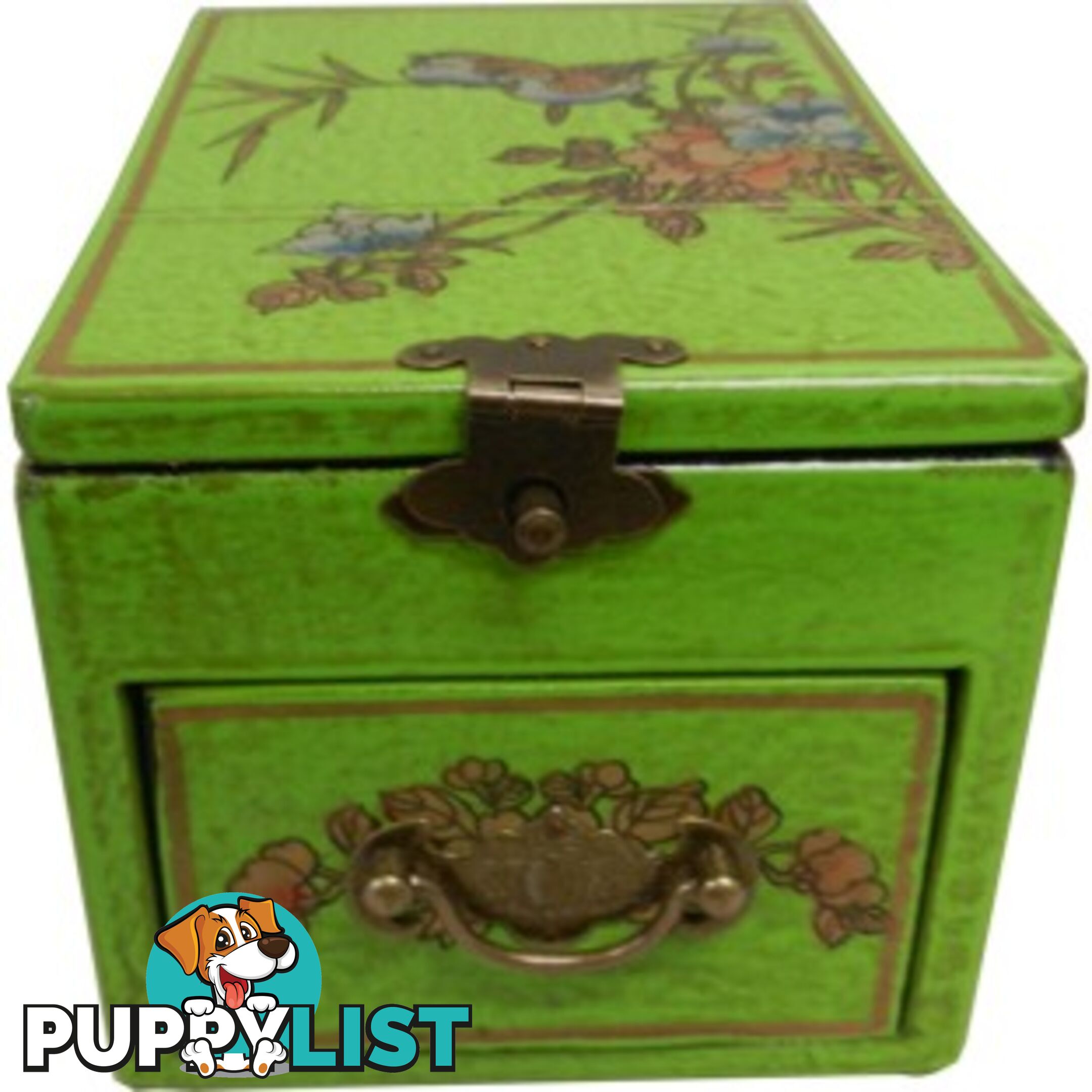 Green Chinese Jewellery Box with Stand-Up Mirror - Bird and Flower