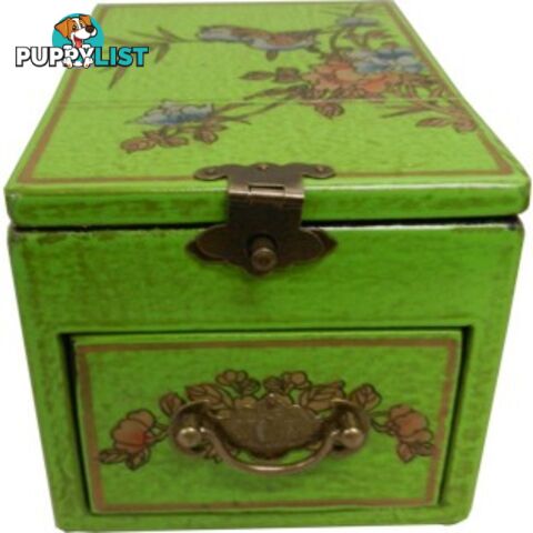 Green Chinese Jewellery Box with Stand-Up Mirror - Bird and Flower