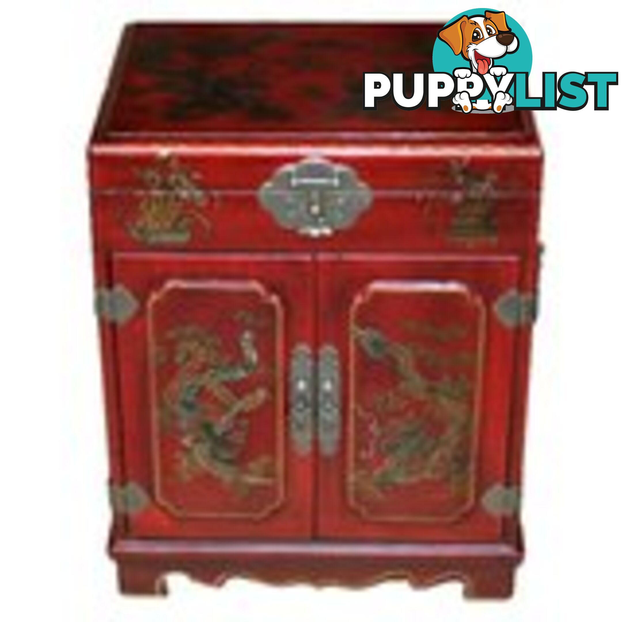 Red Two Doors Hidden Drawer Mirror Box - Dragon & Phoenix