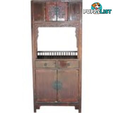 Red Chinese Antique Altar Cabinet with Carvings