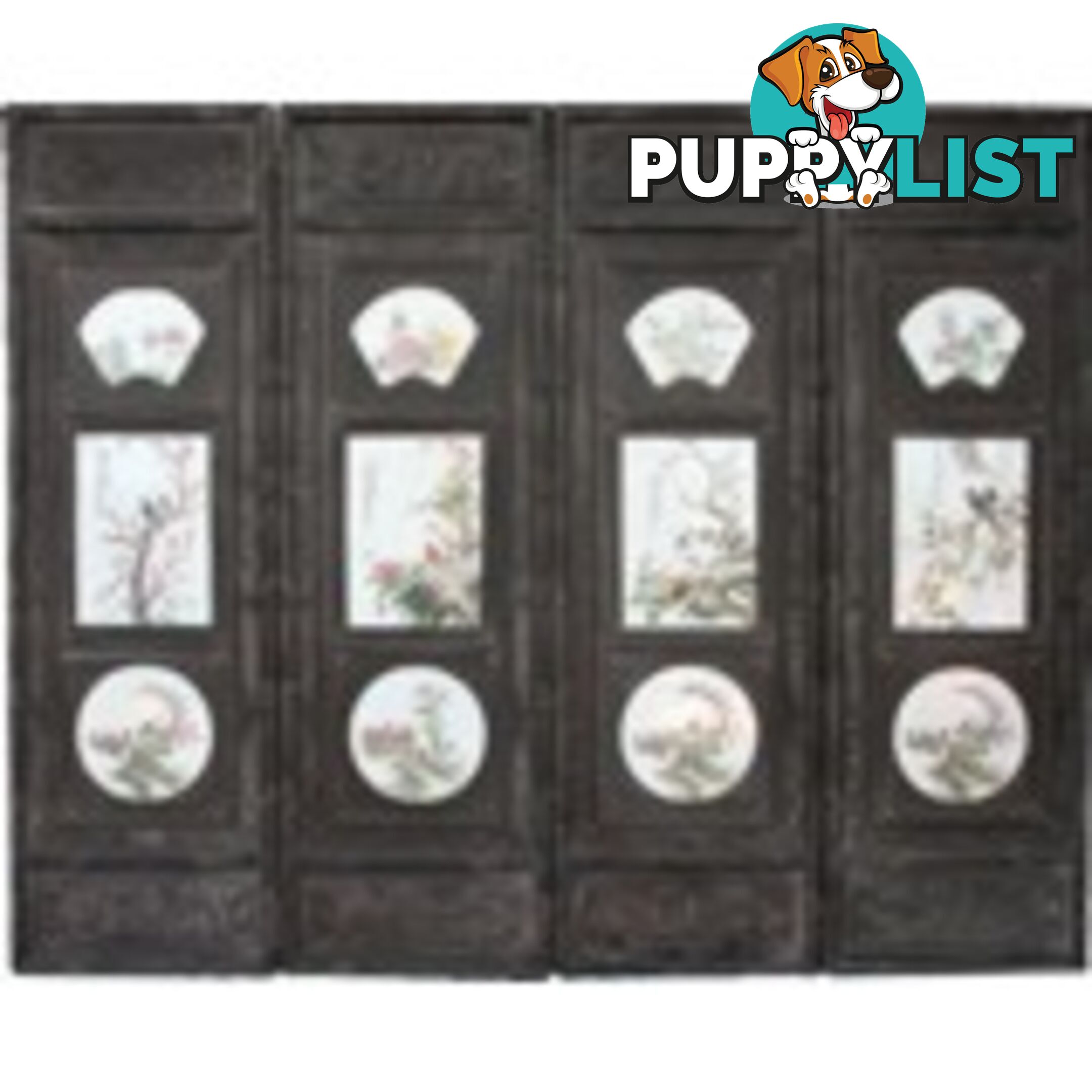 Chinese Wall Hanging Decoration-Carved Wood Panel w/Four Season Flower and Bird Porcelain Insert