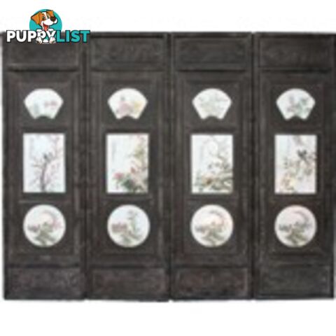 Chinese Wall Hanging Decoration-Carved Wood Panel w/Four Season Flower and Bird Porcelain Insert