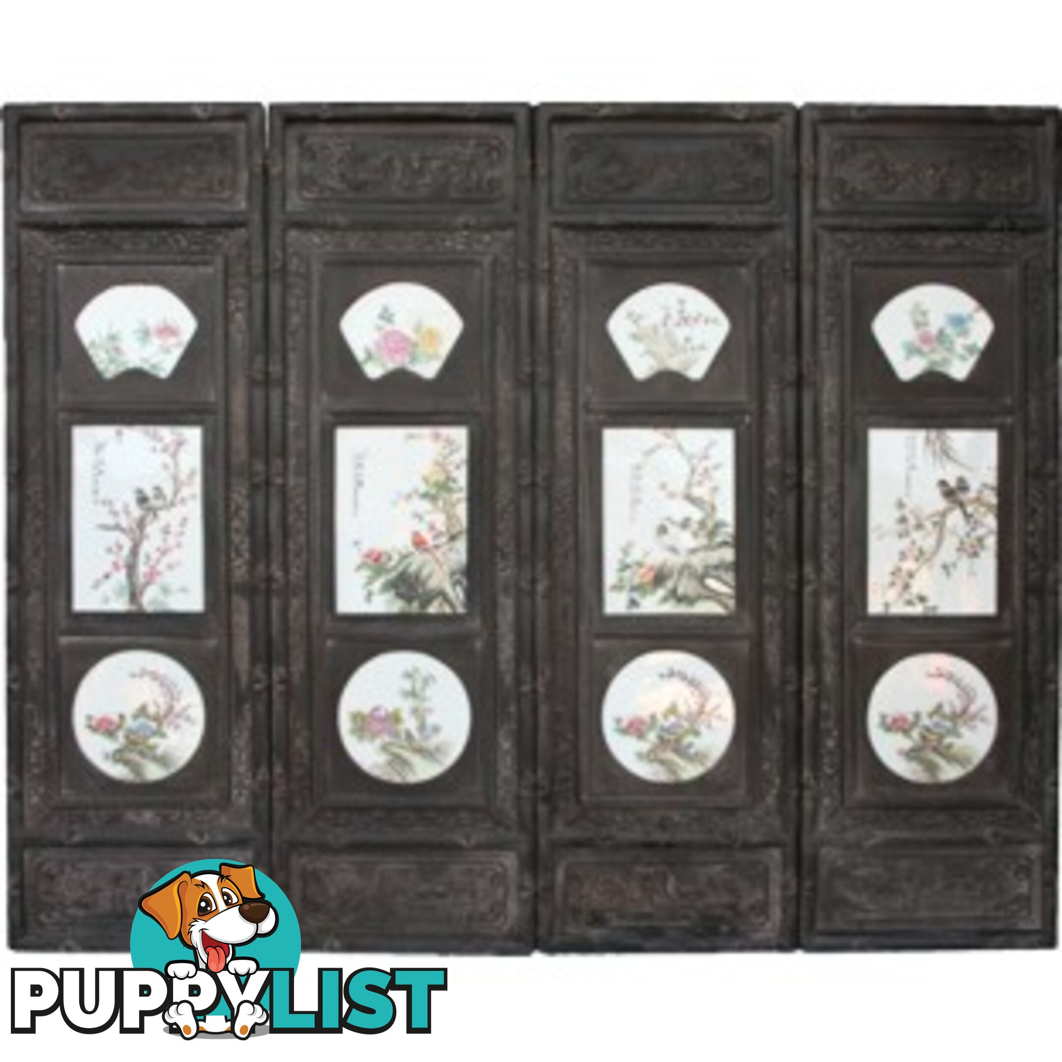 Chinese Wall Hanging Decoration-Carved Wood Panel w/Four Season Flower and Bird Porcelain Insert