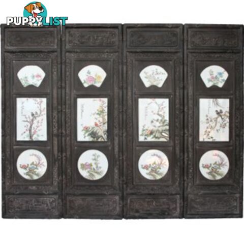 Chinese Wall Hanging Decoration-Carved Wood Panel w/Four Season Flower and Bird Porcelain Insert