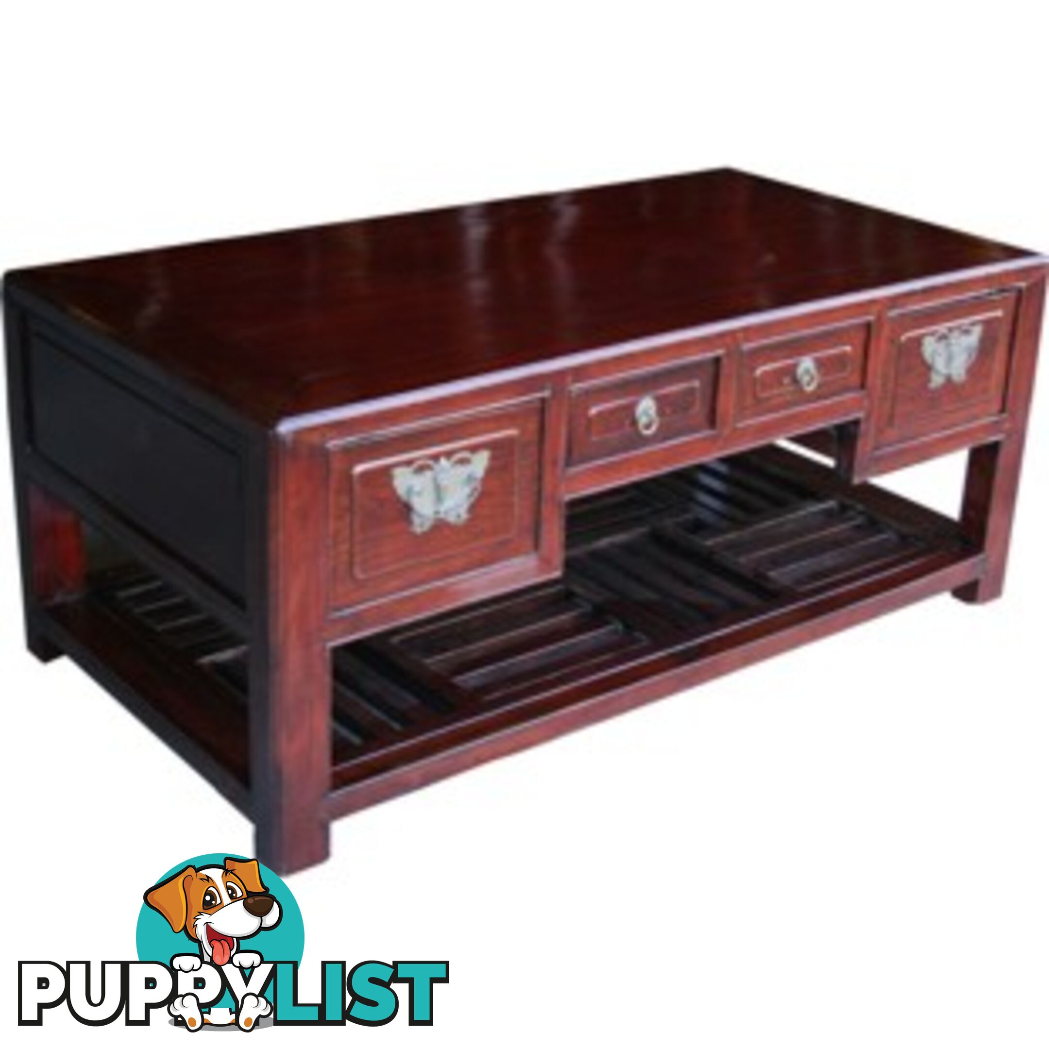 Chinese Antique Brown Coffee Table with Shelf and Drawers