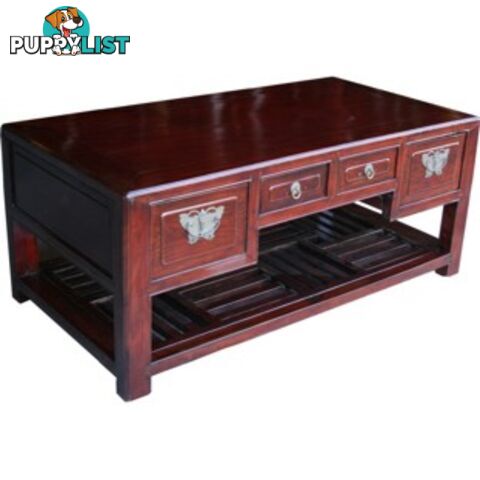 Chinese Antique Brown Coffee Table with Shelf and Drawers