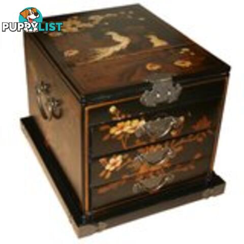 Black Chinese Jewellery Box with Stand-Up Mirror - Flower