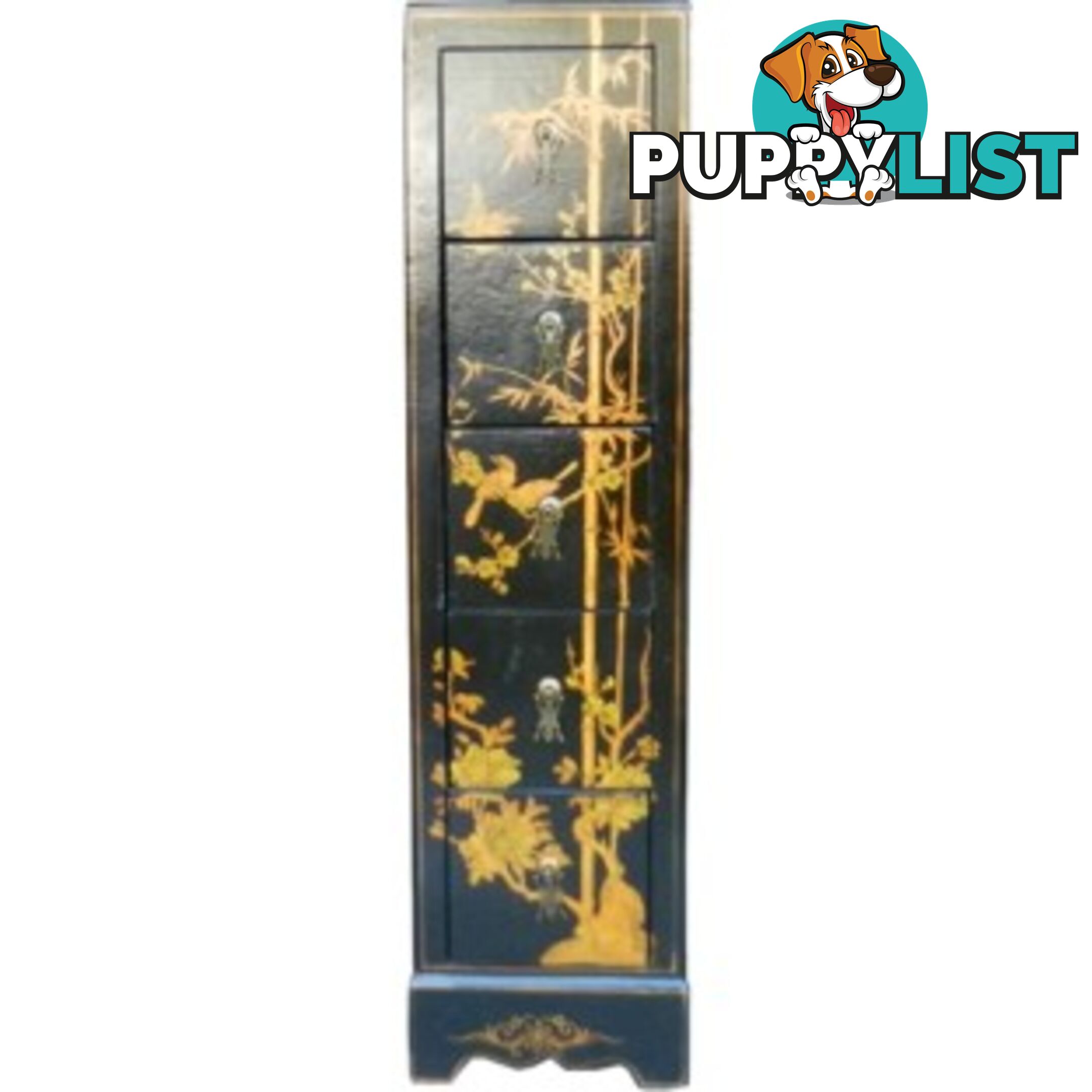 Oriental Black Painted Flower DVD Storage Cabinet