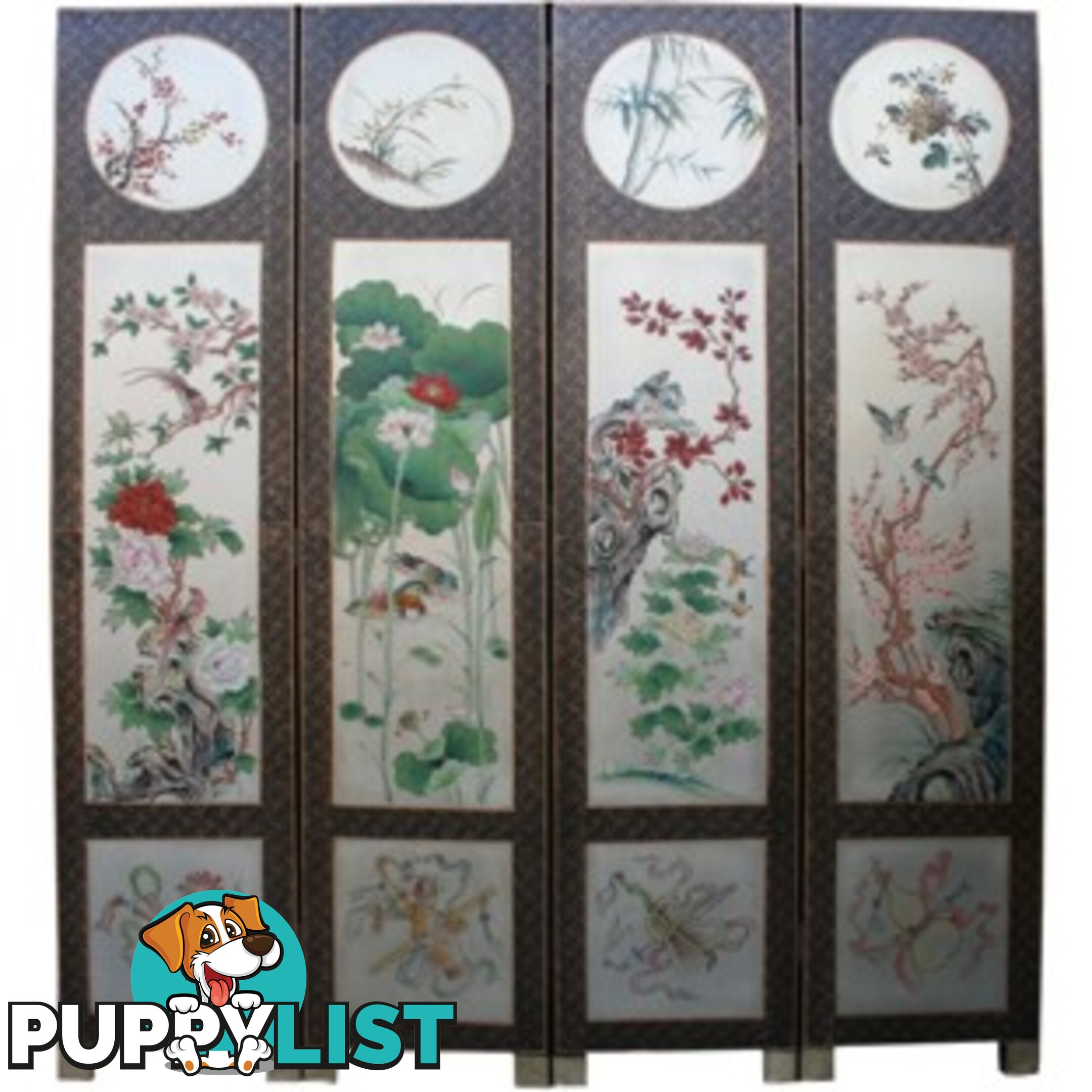 Oriental Four Seasons Plant Room Divide Screen -Silver Leaf