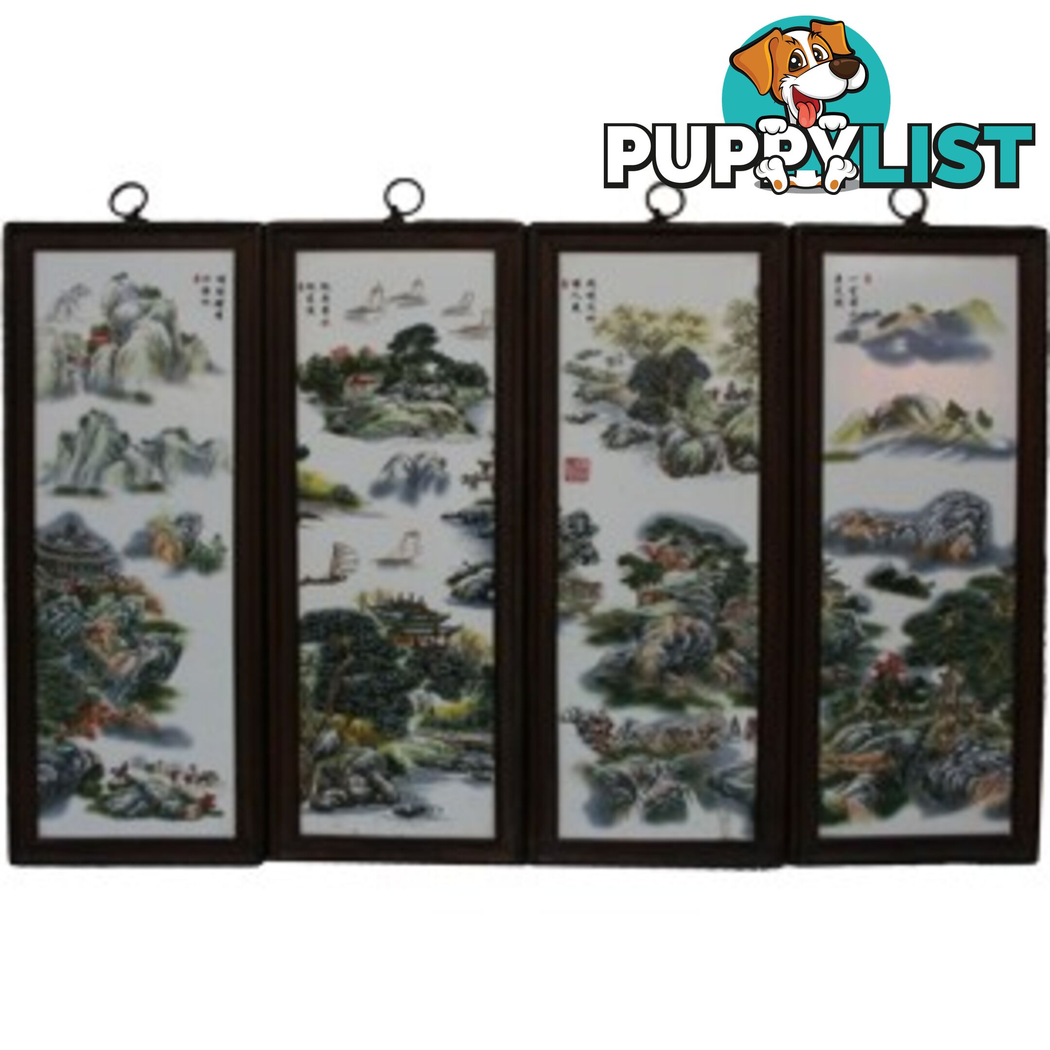 Chinese Wall Hanging Decoration-Wood Panel w/Mountain Scene Porcelain Insert