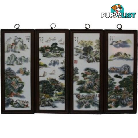 Chinese Wall Hanging Decoration-Wood Panel w/Mountain Scene Porcelain Insert