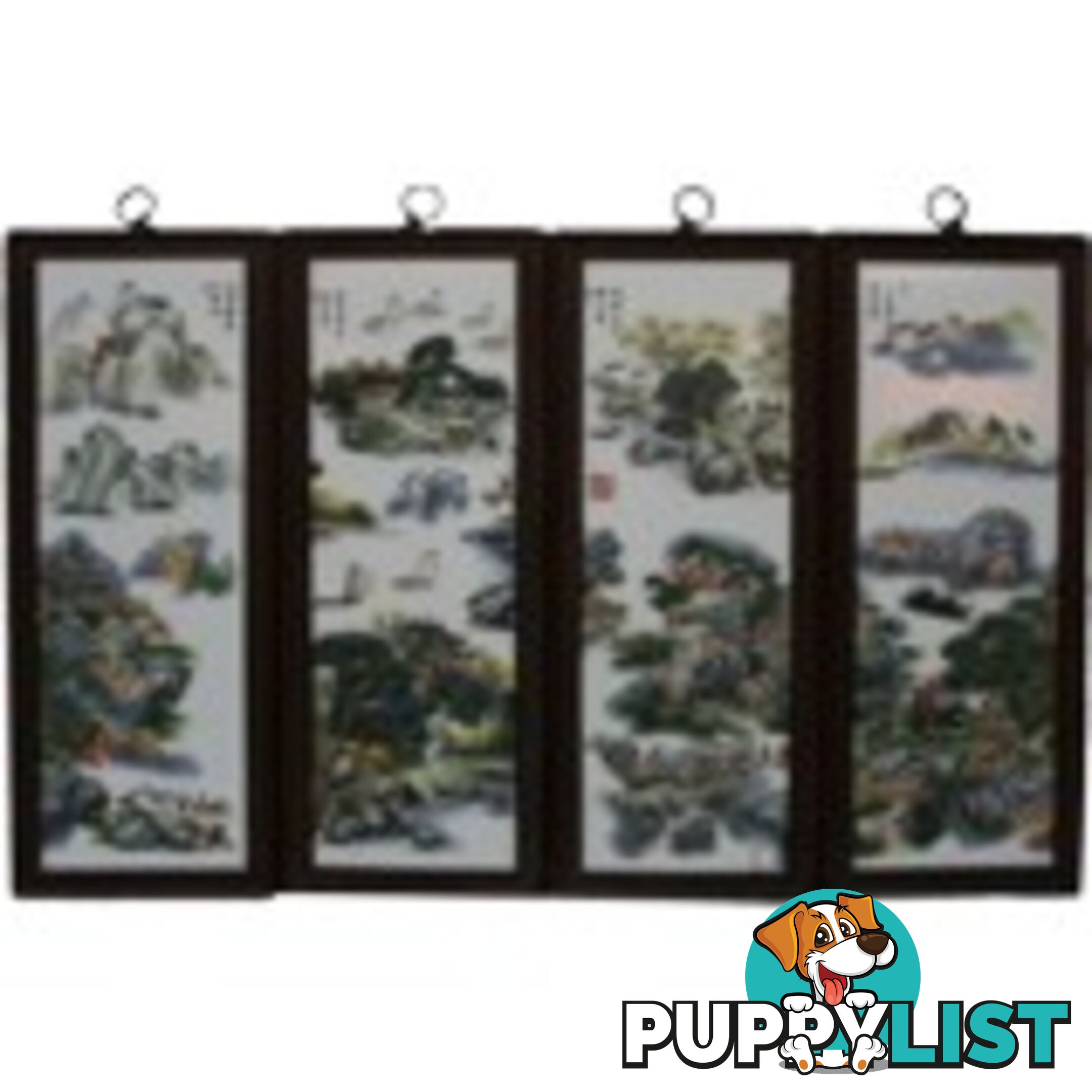 Chinese Wall Hanging Decoration-Wood Panel w/Mountain Scene Porcelain Insert