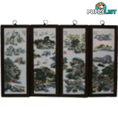 Chinese Wall Hanging Decoration-Wood Panel w/Mountain Scene Porcelain Insert