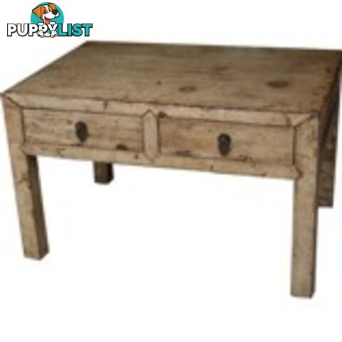 Beige Leather and Wood Chinese Coffee Table with Drawers