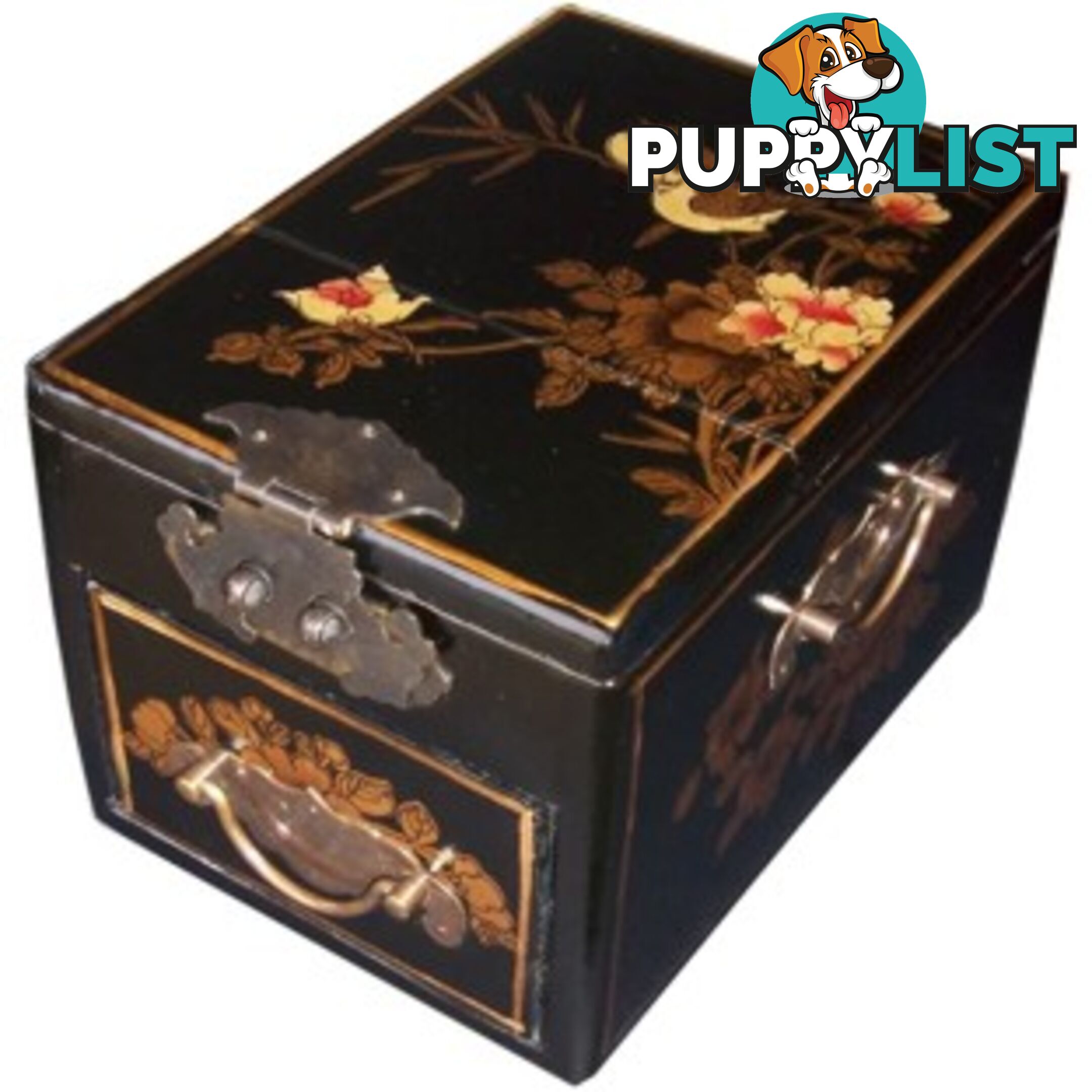 Black Chinese Jewellery Box with Stand-Up Mirror