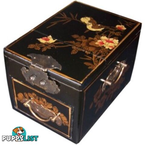 Black Chinese Jewellery Box with Stand-Up Mirror