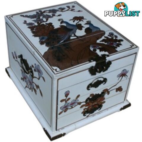 Large White Chinese Peacock Painted Mirror Jewellery Box