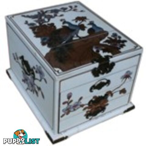 Large White Chinese Peacock Painted Mirror Jewellery Box