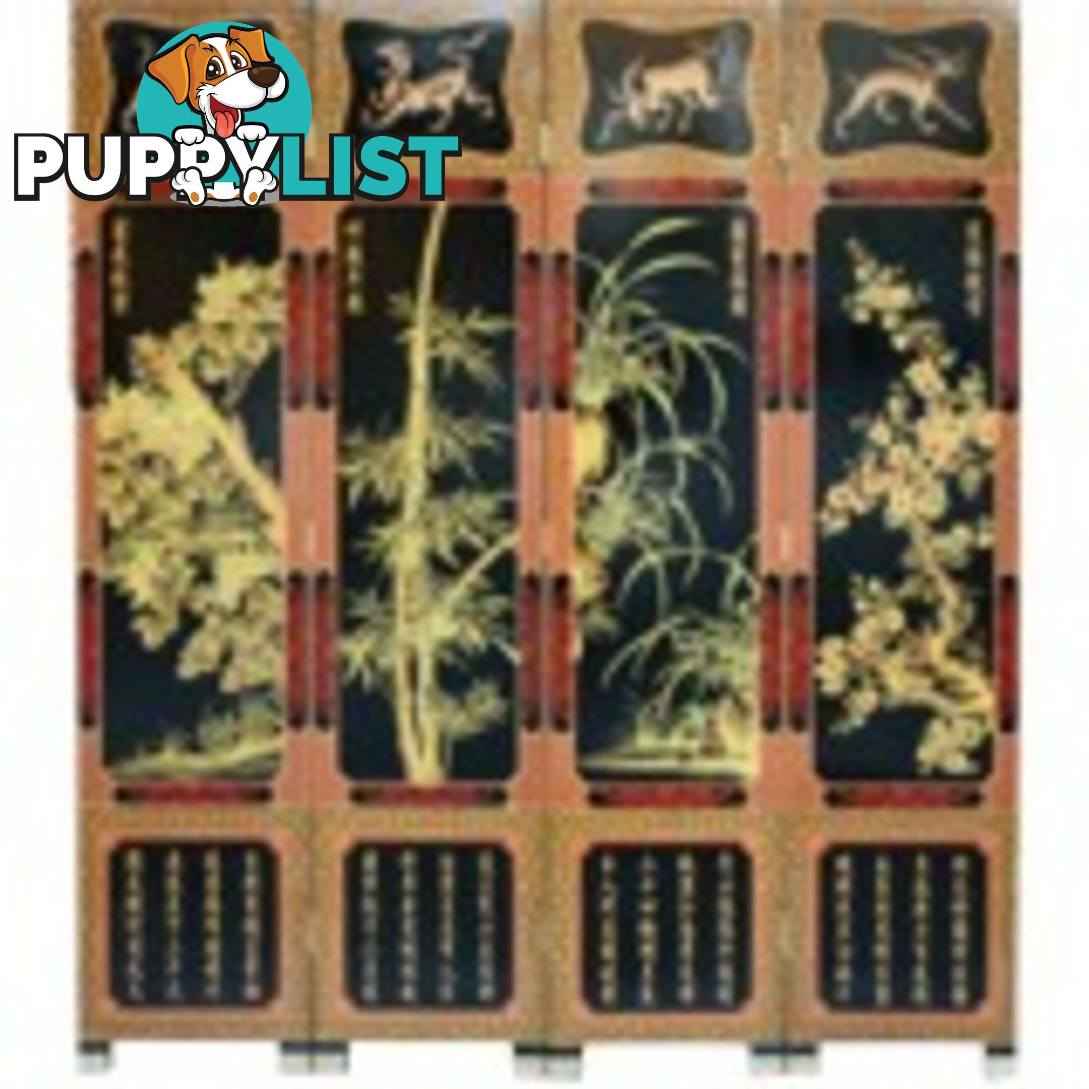 Chinese Four Plants Red Room Divider Screen