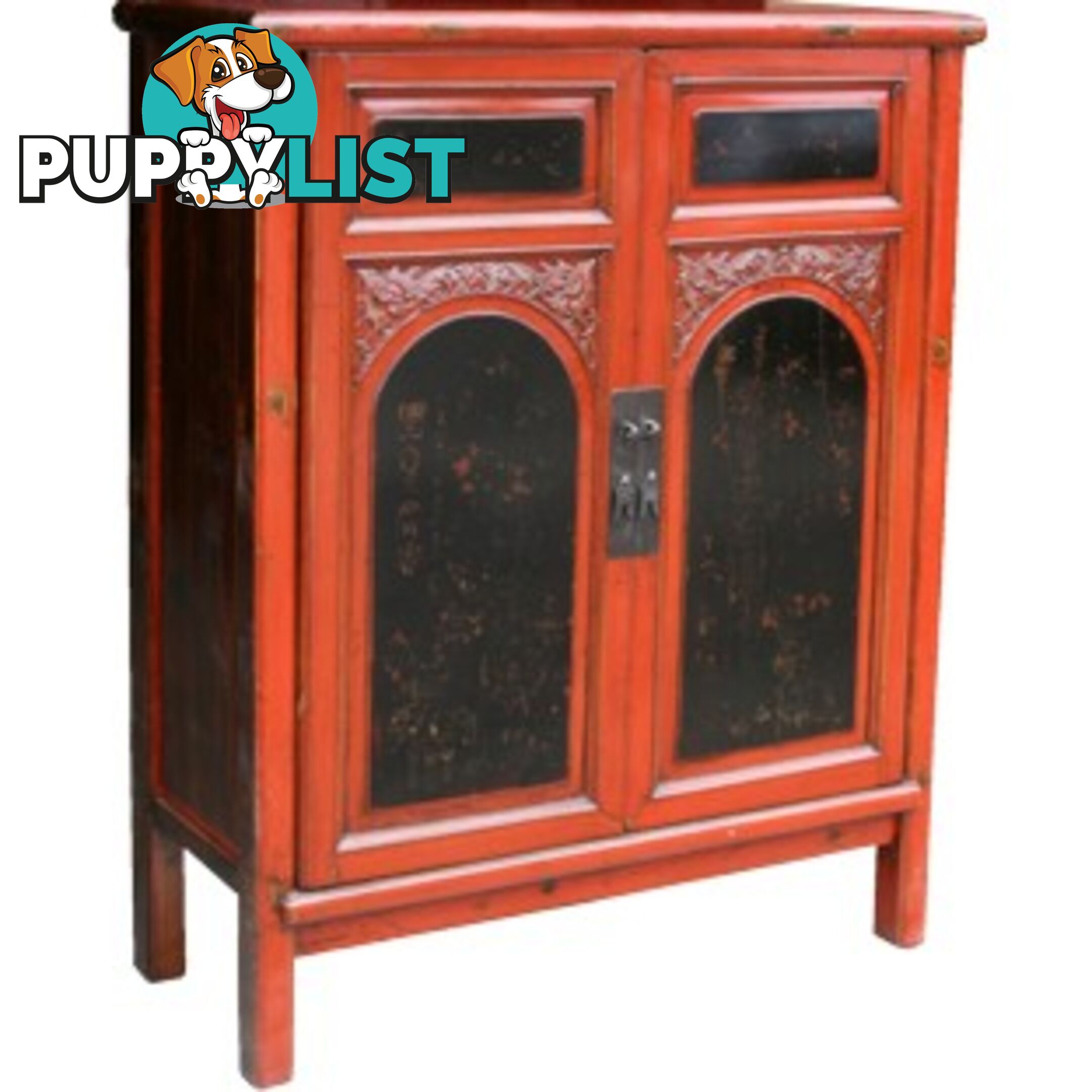 Red and Black Chinese Cabinet with Carvings and Paintings