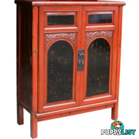 Red and Black Chinese Cabinet with Carvings and Paintings