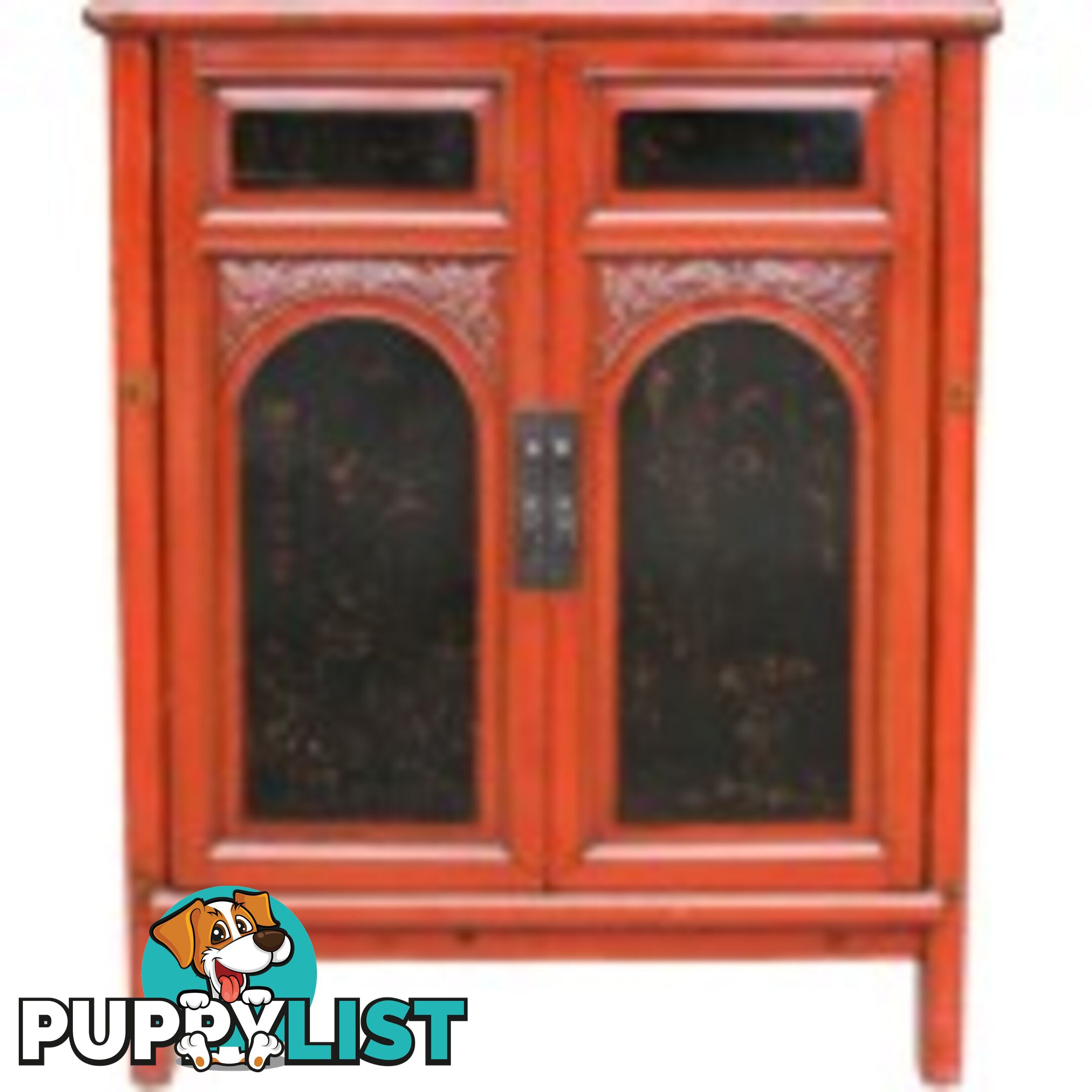 Red and Black Chinese Cabinet with Carvings and Paintings