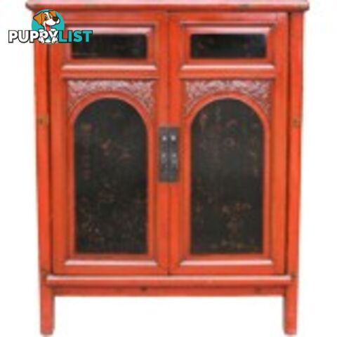 Red and Black Chinese Cabinet with Carvings and Paintings