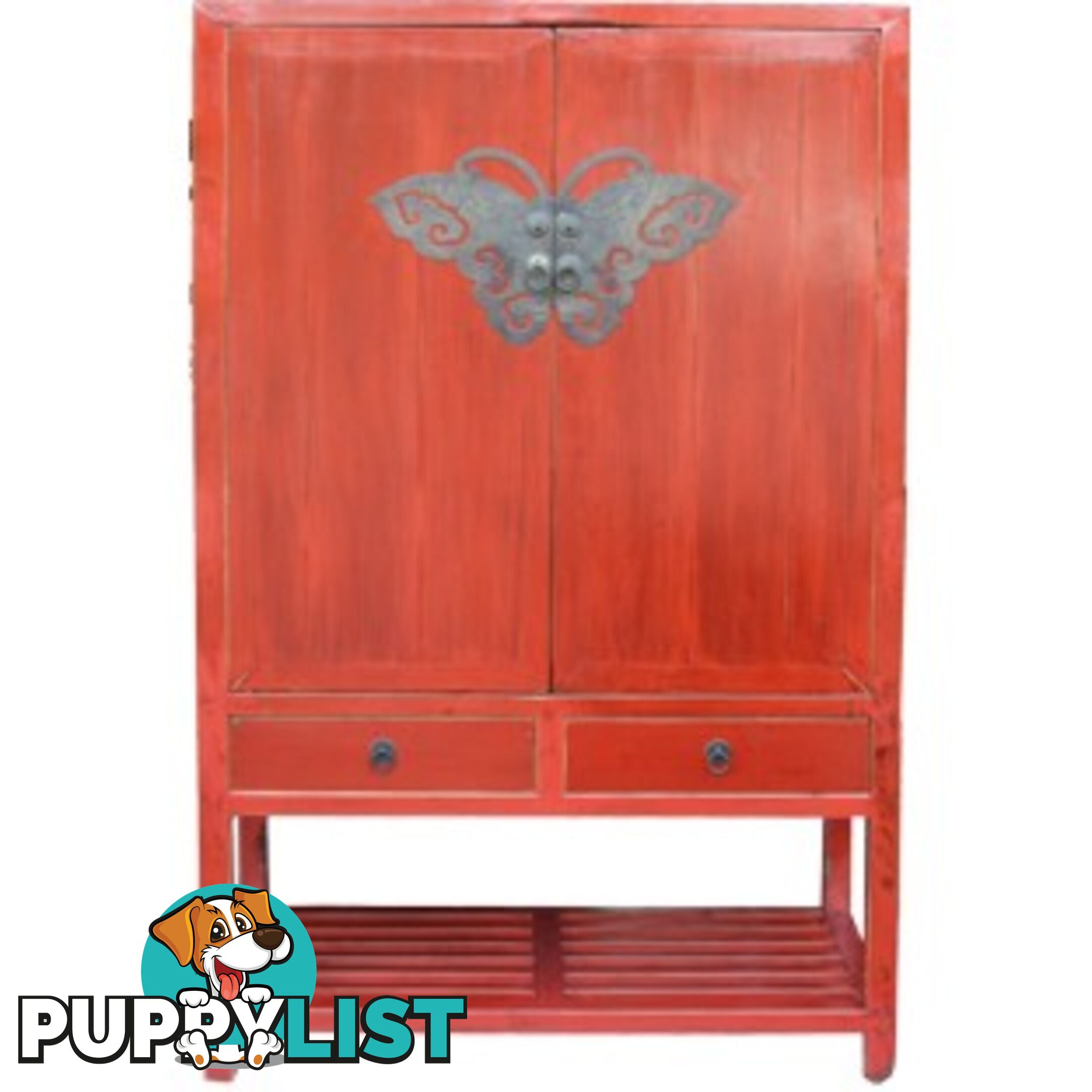 Chinese Red Antique Wedding Cabinet with Butterfly Hardware