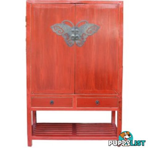 Chinese Red Antique Wedding Cabinet with Butterfly Hardware