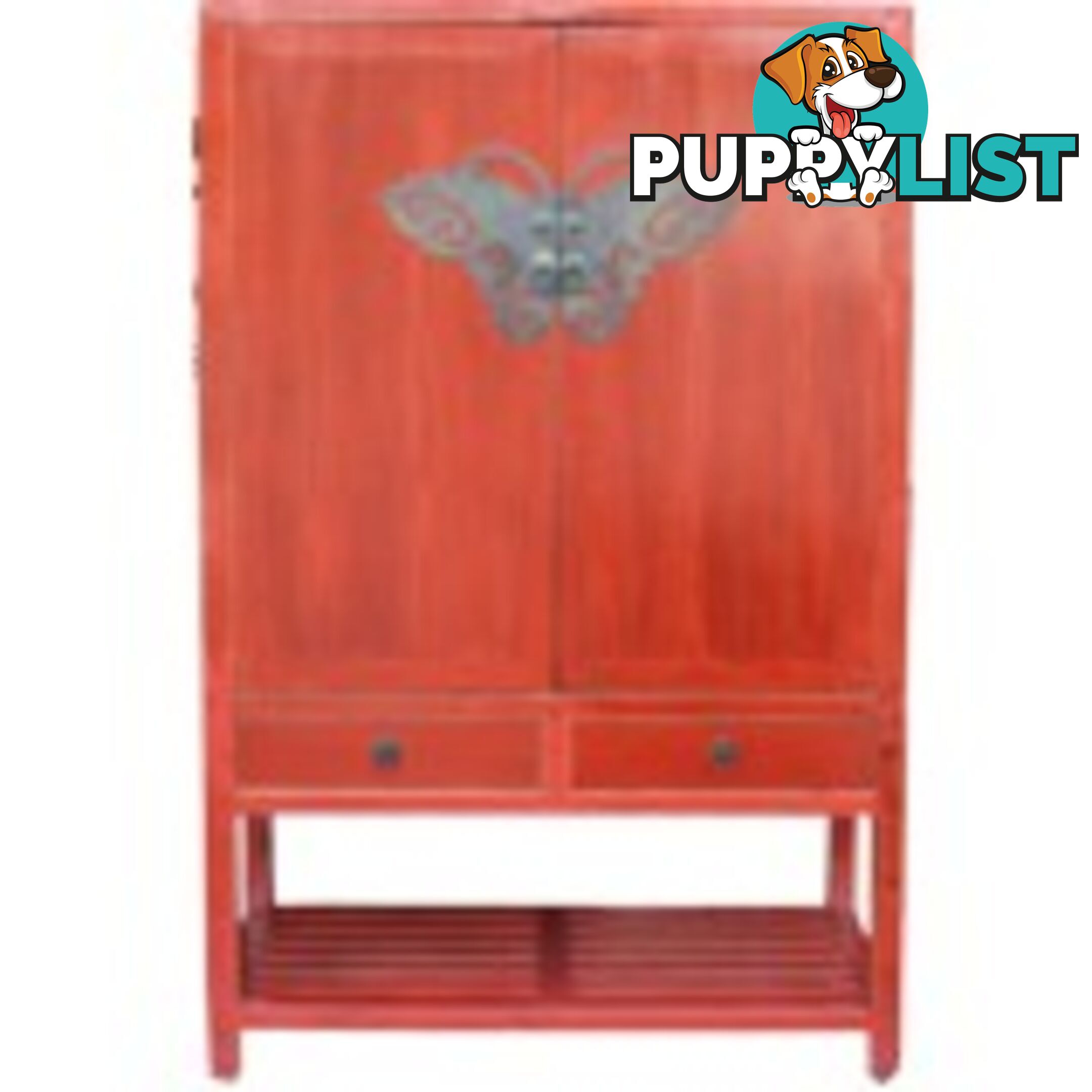 Chinese Red Antique Wedding Cabinet with Butterfly Hardware