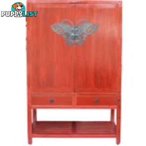 Chinese Red Antique Wedding Cabinet with Butterfly Hardware