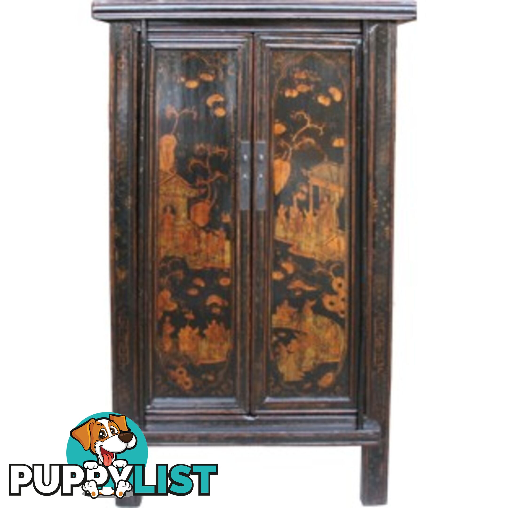 Gold Painting Black Chinese Cabinet