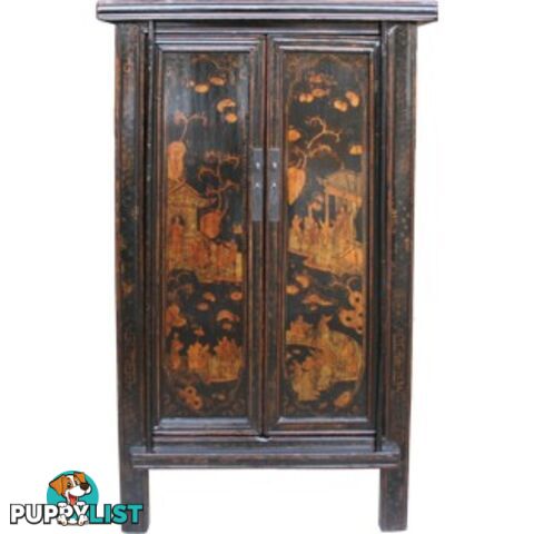 Gold Painting Black Chinese Cabinet