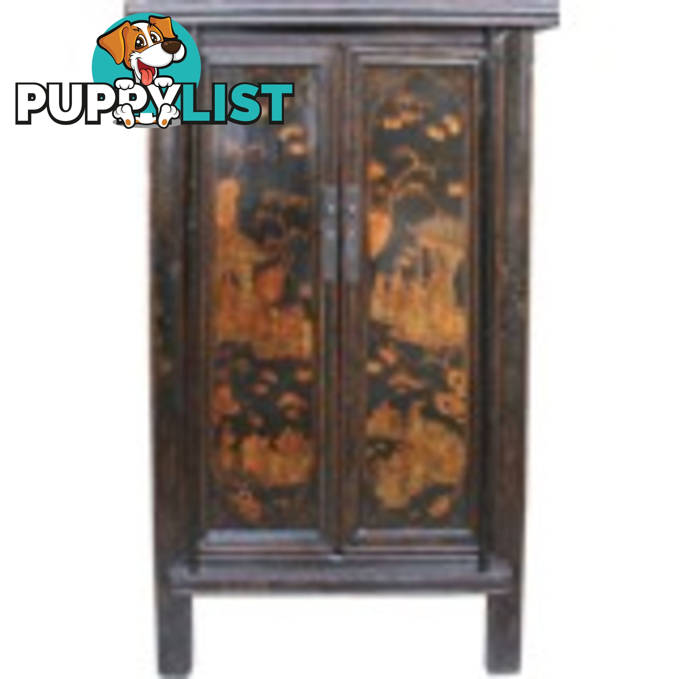 Gold Painting Black Chinese Cabinet