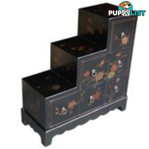 Black Japanese Step Chest 3 Layers with Flower Painting