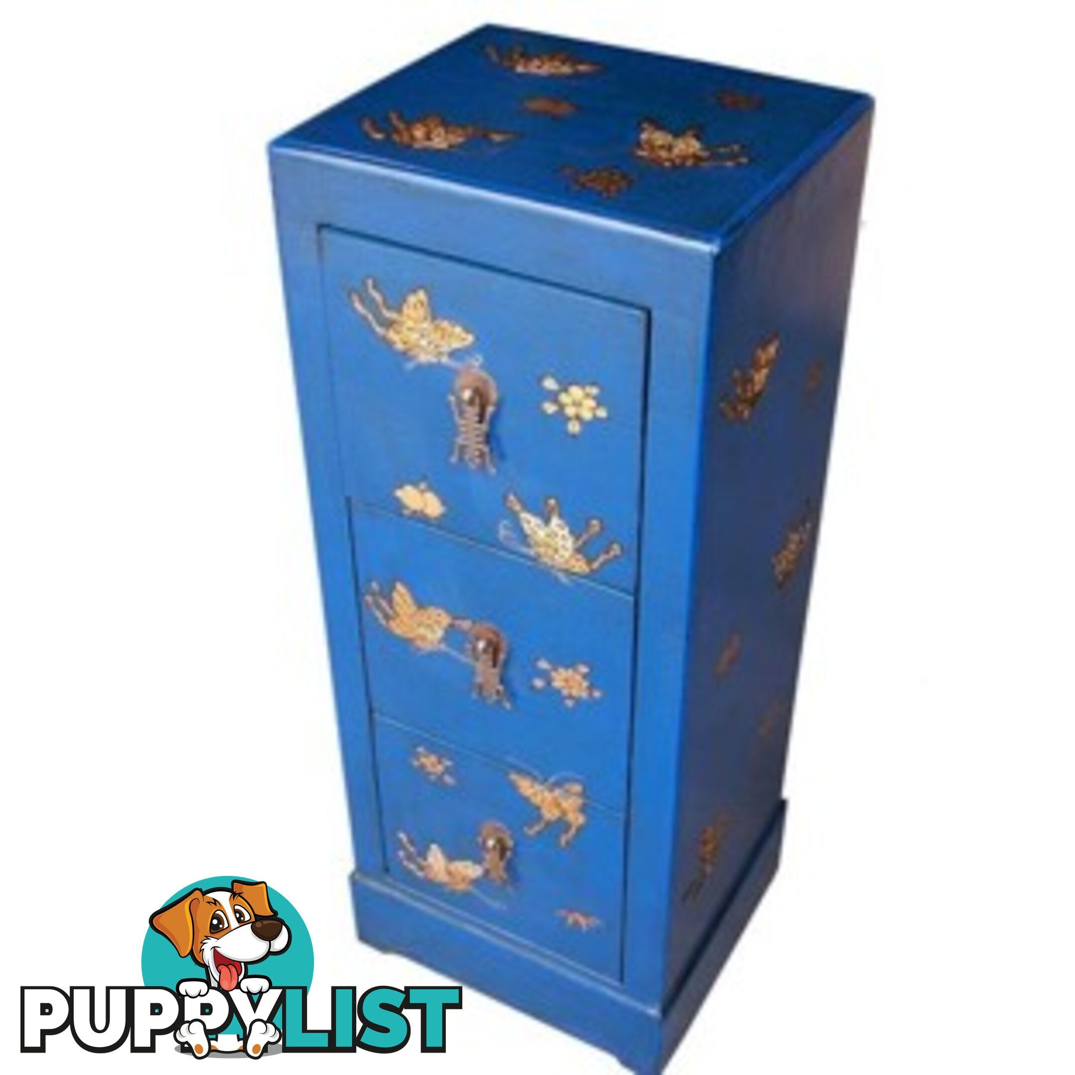 Blue Oriental Butterfly Painted DVD/CD Storage Cabinet