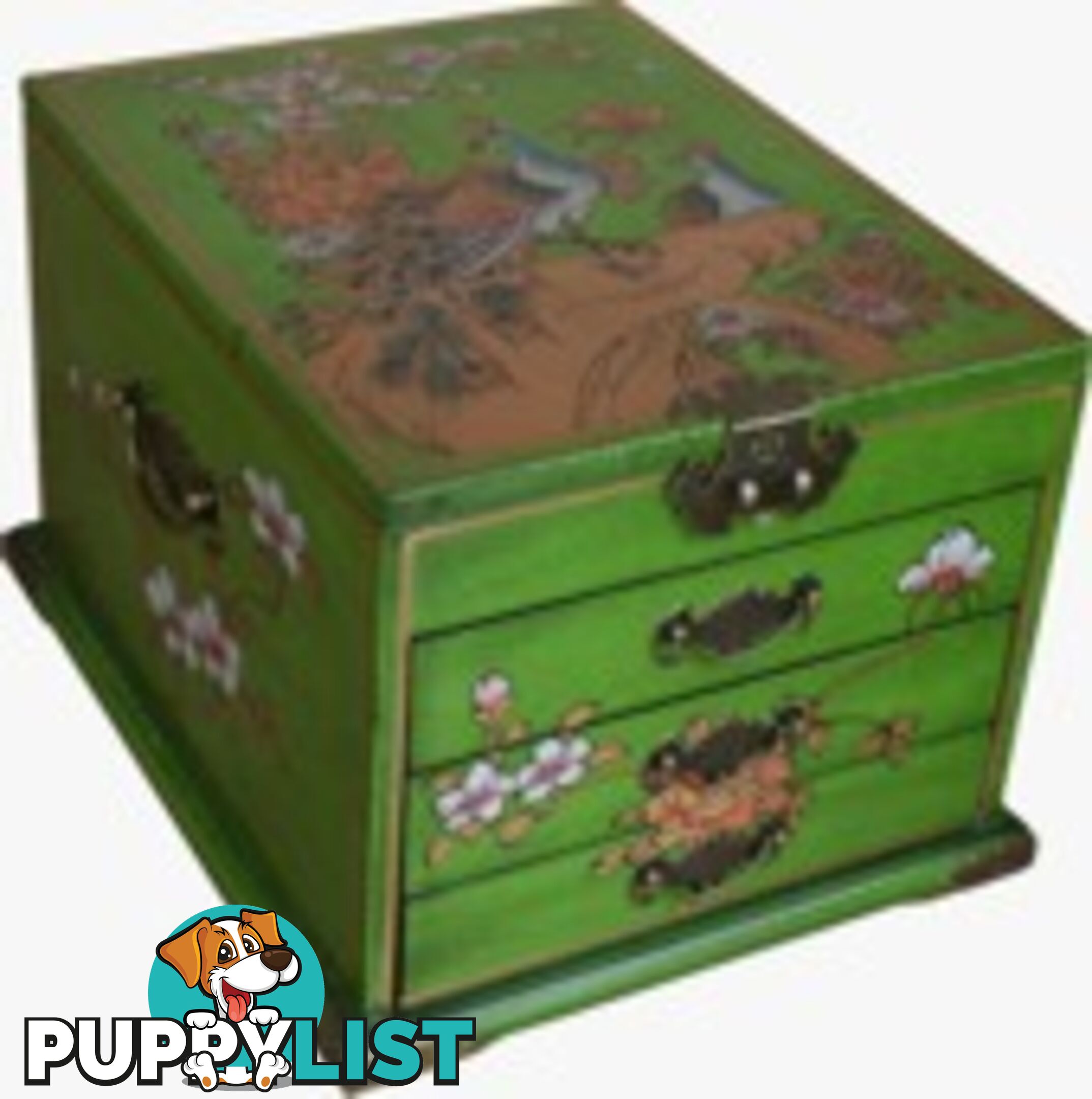 Green Jewellery Box with Stand-Up Mirror - Flower