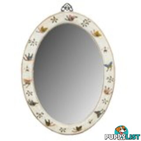 White Oval Leather Mirror - Embossed Butterfly