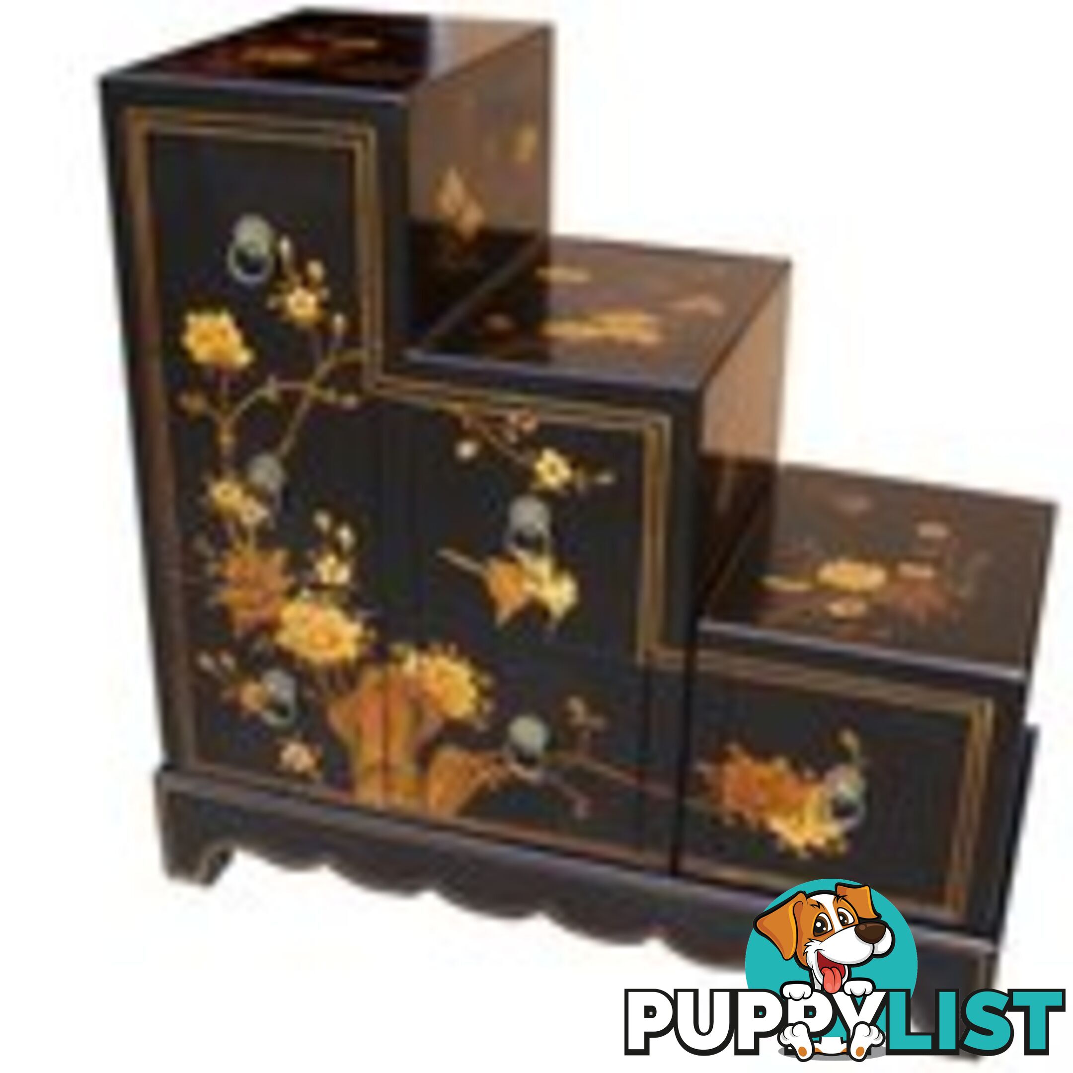 Black Japanese Step Chest 3 Layers with Flower Painting