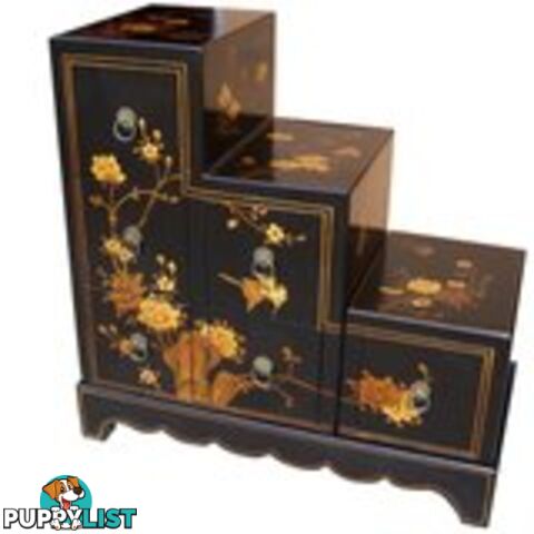 Black Japanese Step Chest 3 Layers with Flower Painting