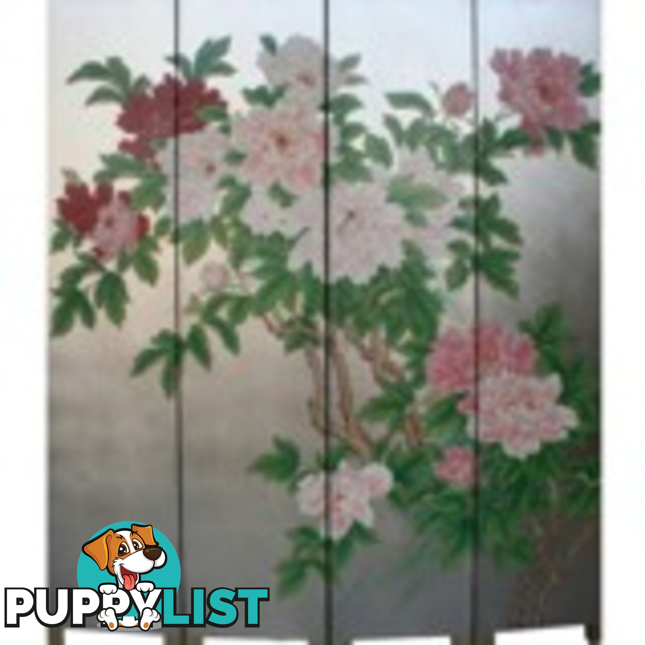 Oriental Flora Peony Room Divider Screen - Silver Leaf Background