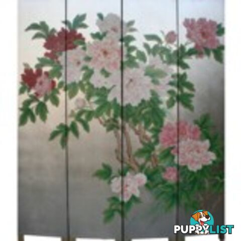 Oriental Flora Peony Room Divider Screen - Silver Leaf Background